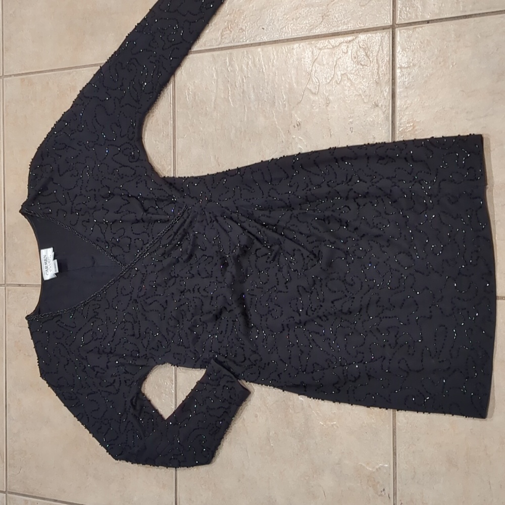 Carmen Marc Valvo Black Beaded Long Sleeve Cocktail Dress Size XS